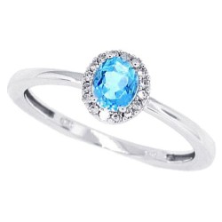 Blue Topaz Diamond Halo Ring 10Kt White Gold Oval Shape