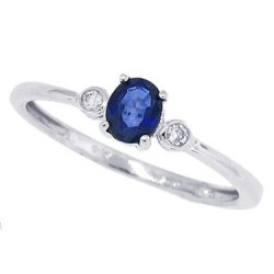 Three Stone Genuine Sapphire Diamond Ring 10Kt White Gold