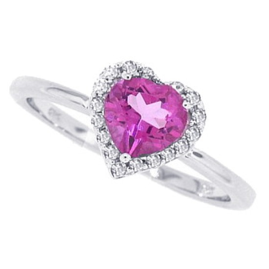 10Kt White Gold Genuine Pink Topaz and Diamond Heart Ring