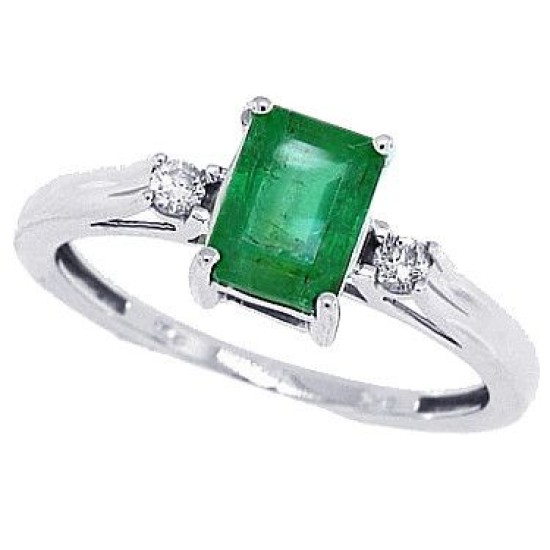 Emerald Cut Emerald Diamond Three Stone Ring 14Kt White Gold