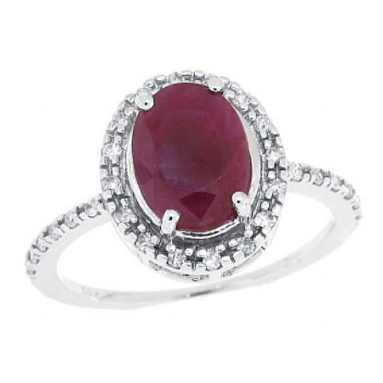 14Kt White Gold Ruby Diamond Halo Engagement Ring Oval