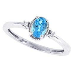 Blue Topaz Diamond Three Stone Ring 10Kt White Gold Oval