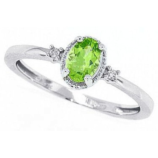 Three Stone Genuine Peridot and Diamond Ring 10Kt White Gold