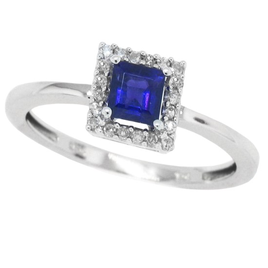 Princess Cut Blue Sapphire and Diamond Ring 14Kt White Gold