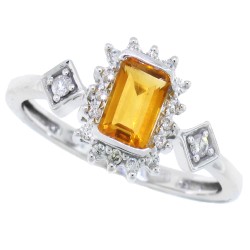 Emerald Cut Citrine Diamond Ring 10Kt White Gold