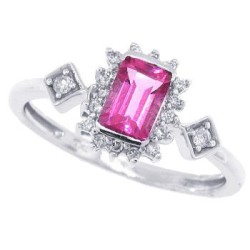 Emerald Cut Pink Topaz and Diamond Ring 10Kt White Gold