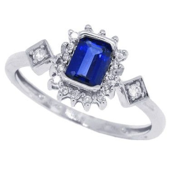 Emerald Cut Sapphire Diamond Ring 14Kt White Gold