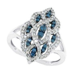 Blue and White Genuine Diamond Fashion Ring 10Kt White Gold