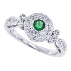 14Kt White Gold Emerald Diamond Ring Pave Set, Antique Look 