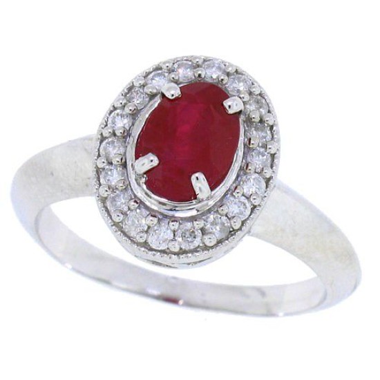 14Kt White Gold Fine Ruby and Diamond Halo Engagement Ring 