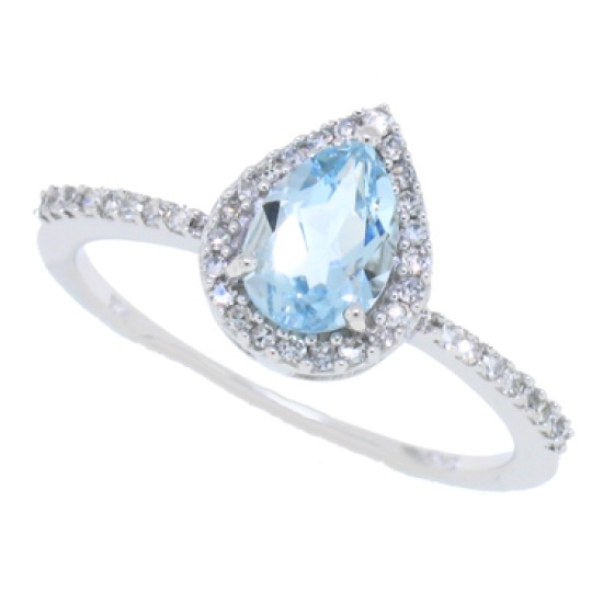 Pear Shape Aquamarine and Diamond Halo Ring 10Kt White Gold