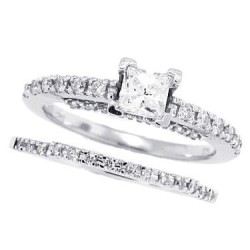 14Kt White Gold Diamond Wedding Set with Princess Cut Cubic Zirconia Center