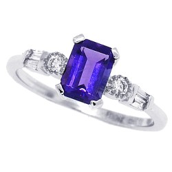 14Kt White Gold Emerald Cut Amethyst and Diamond Ring