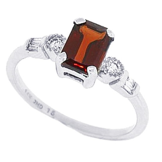 Emerald Cut Garnet and Baguette Diamond Ring 14Kt White Gold