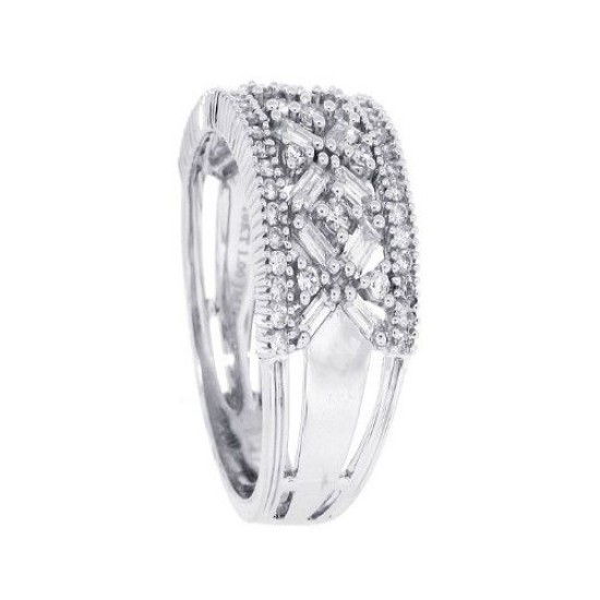 Baguette and Round Wide Diamond Band in 14Kt White Gold