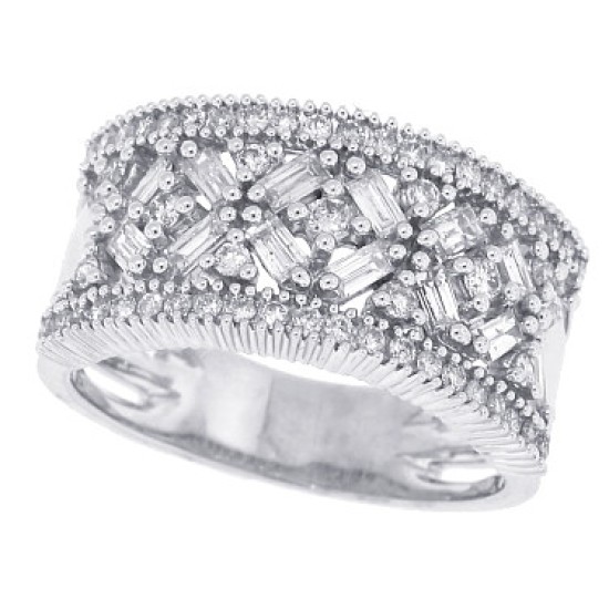 Baguette and Round Wide Diamond Band in 14Kt White Gold