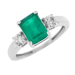 10Kt White Gold Emerald Diamond Three Stone Ring Emerald Cut 