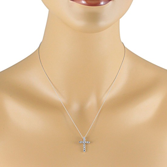 Natural Aquamarine Cross Pendant Necklace 14Kt White Gold 
