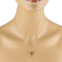 Genuine Garnet Cross Pendant Necklace 14Kt Yellow Gold 