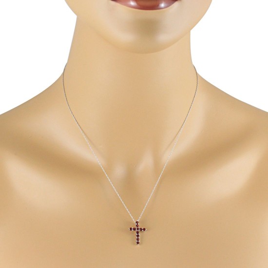 Genuine Garnet Cross Pendant Necklace 14Kt Yellow Gold 