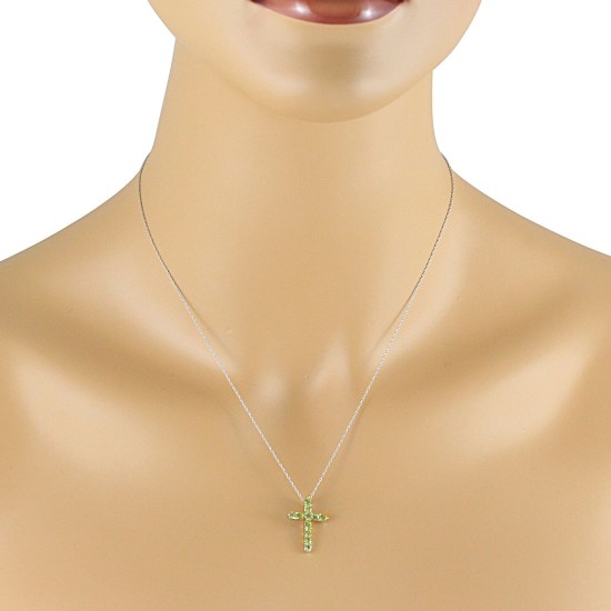 Genuine Peridot Cross Pendant Necklace 14Kt White Gold 
