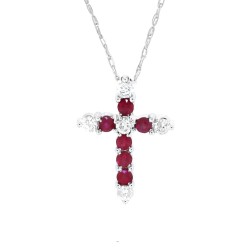 Ruby and Diamond Cross Pendant Necklace 14Kt White Gold