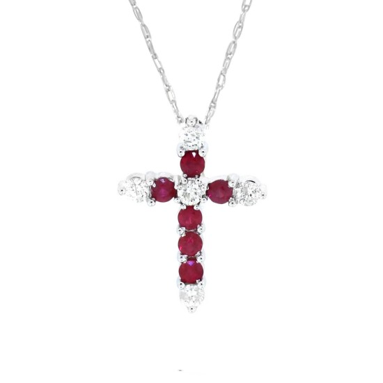 Ruby and Diamond Cross Pendant Necklace 14Kt White Gold