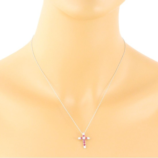 Ruby and Diamond Cross Pendant Necklace 14Kt White Gold