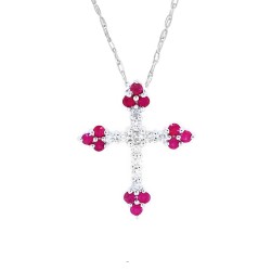 Ruby and Diamond Cross Pendant Necklace 14Kt White Gold 