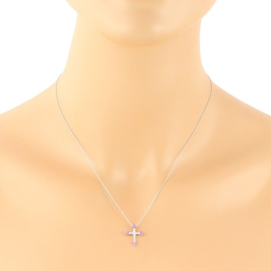 Ruby and Diamond Cross Pendant Necklace 14Kt White Gold 