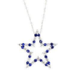 Star Shape Sapphire Diamond Pendant Necklace 14Kt Gold 