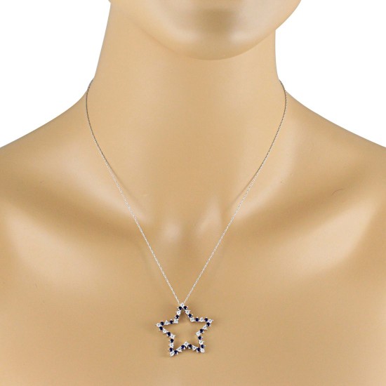 Star Shaped Sapphire Diamond Pendant Necklace 14Kt Gold 
