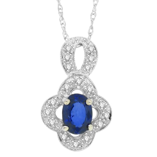 Oval Blue Sapphire and Diamond Pendant Necklace 14Kt Gold