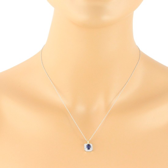 14Kt White Gold Blue Sapphire Diamond Pendant Necklace