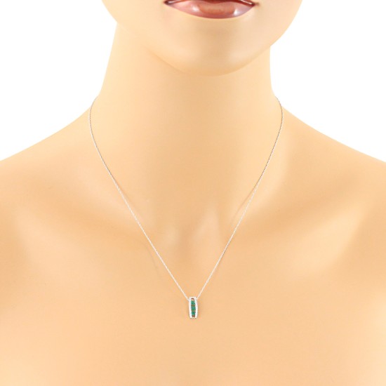 Three Stone Emerald and Diamond Pendant Necklace 14Kt Gold 