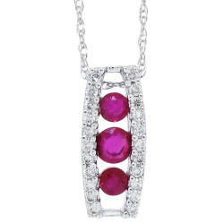 Three Stone Genuine Ruby Diamond Pendant Necklace 14Kt Gold 