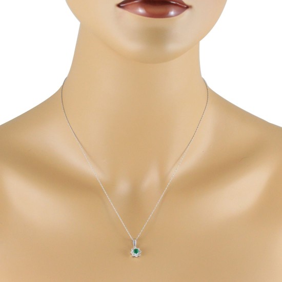 Genuine Emerald and Diamond Pendant Necklace 14Kt White Gold 