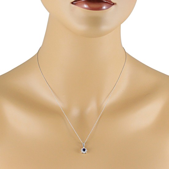 Blue Sapphire and Diamond Pendant Necklace 14Kt White Gold