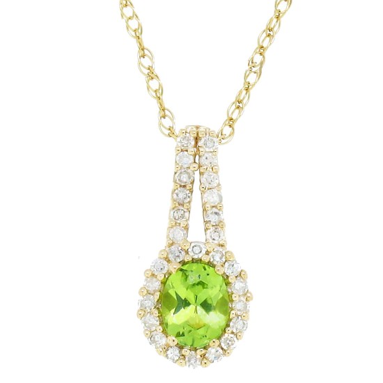 Oval Shape Peridot Diamond Pendant Necklace 10Kt Yellow Gold 