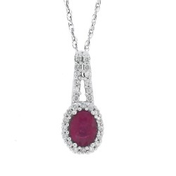 Ruby and Diamond Halo Pendant Necklace 14Kt White Gold 