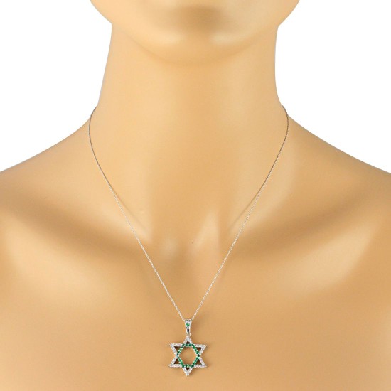 Emerald CZ Jewish Star Of David Pendant Necklace Sterling Silver 