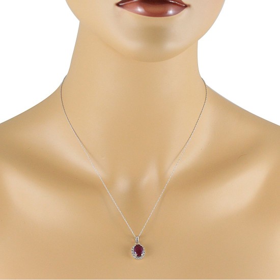 Oval Ruby and Diamond Halo Pendant Necklace 14Kt White Gold