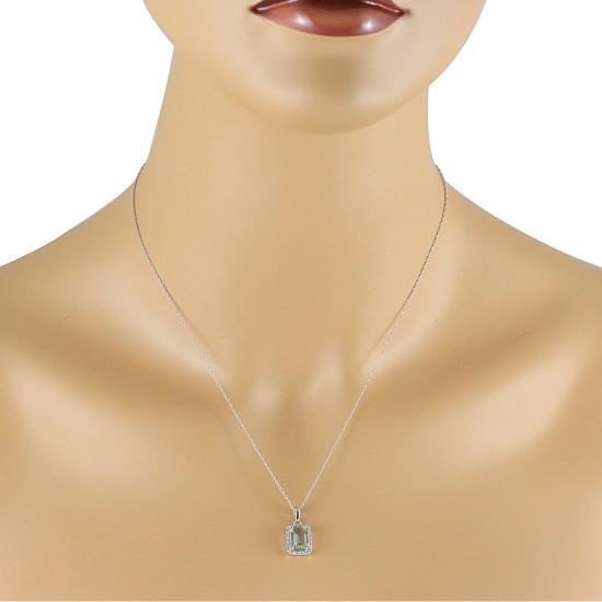 Emerald Cut Green Amethyst Diamond Pendant Necklace 10Kt Gold