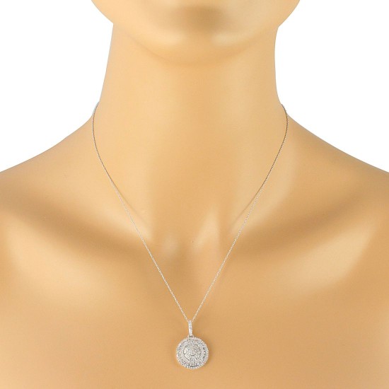 Round and Baguette Diamond Pendant Necklace 14Kt White Gold 