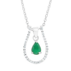 14kt Gold Pear Emerald Pendant Necklace with CZ Silver Enhancer