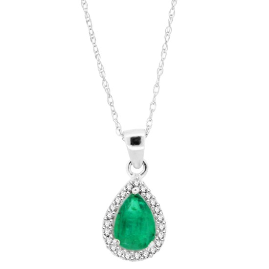 Pear Shape Genuine Emerald Diamond Pendant Necklace 14Kt Gold