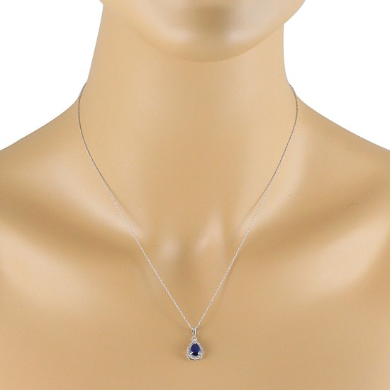 Pear Shape Sapphire Diamond Halo Pendant Necklace 10Kt Gold