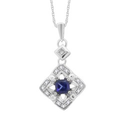 Princess Cut Sapphire Diamond Pendant Necklace 14Kt Gold