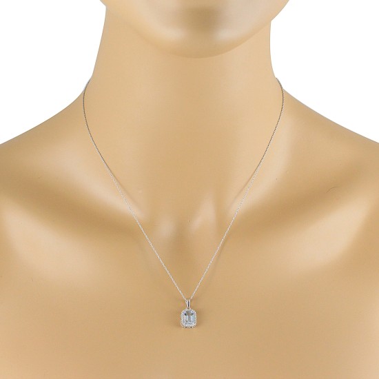 Emerald Cut Aquamarine Diamond Pendant Necklace 10kt Gold