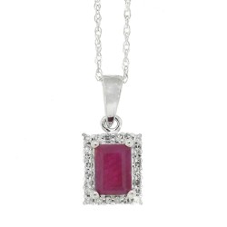 Emerald Cut Ruby Diamond Halo Pendant Necklace 10Kt Gold 